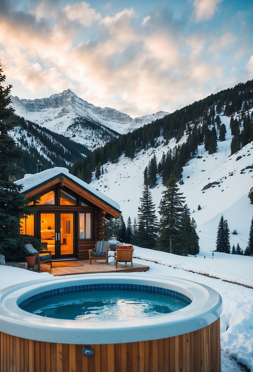 A cozy cabin nestled in snowy mountains, with a hot tub and fireplace, surrounded by pine trees and a breathtaking view of Solang Valley