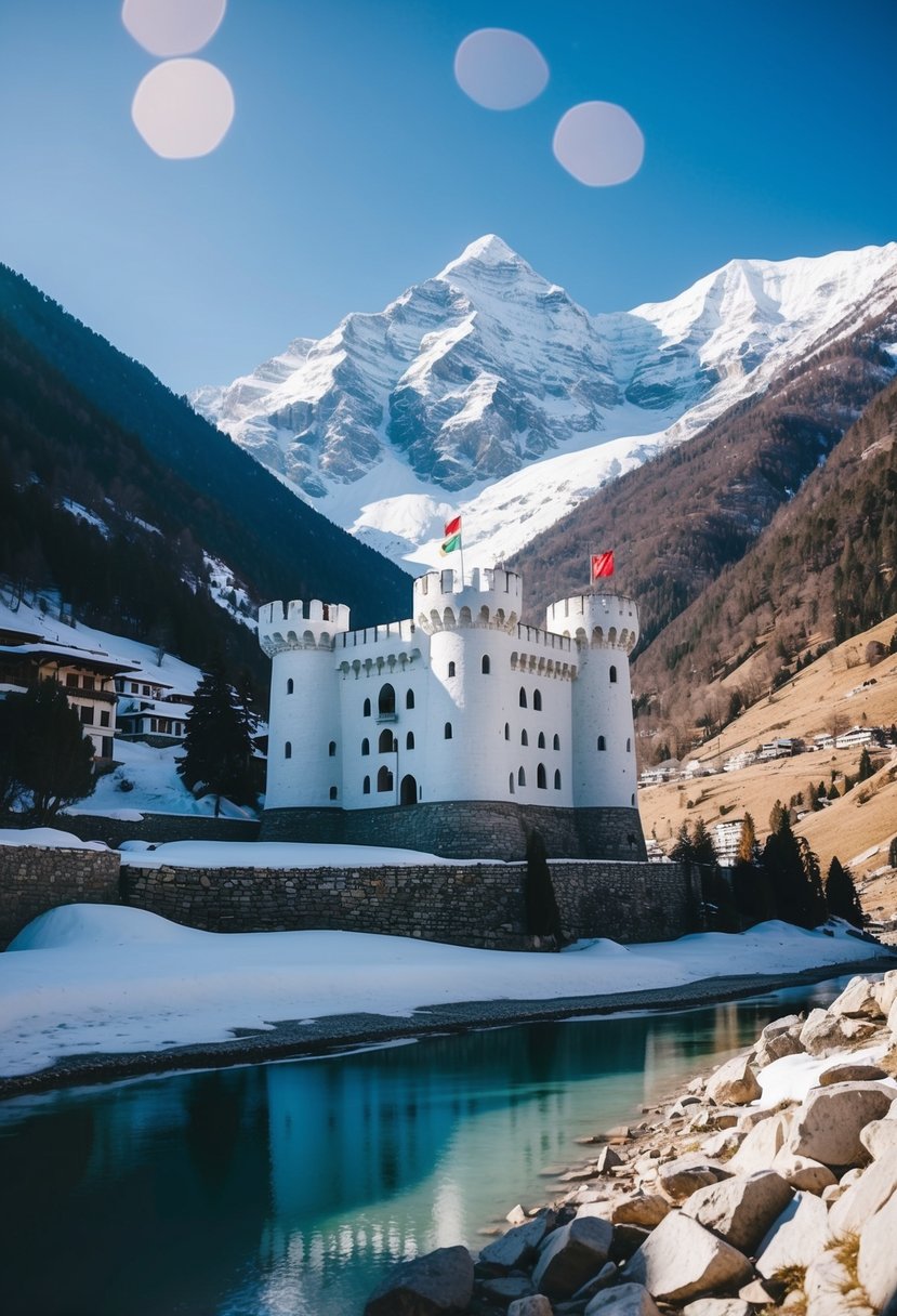 A snow-capped Naggar Castle nestled in the picturesque mountains of Manali, a perfect honeymoon destination