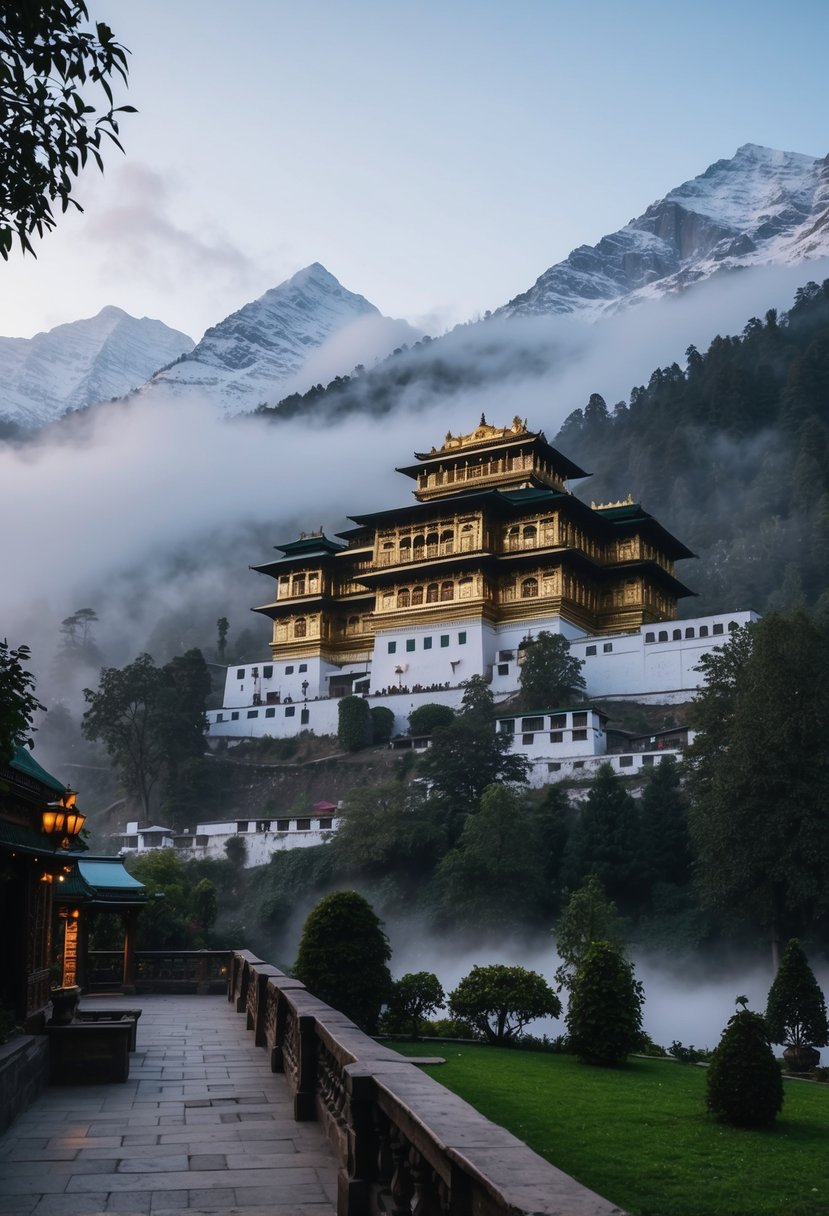 A misty morning at Hidimba Devi Temple, with lush greenery and snow-capped mountains in the background, creating a serene and romantic atmosphere for honeymooners in Manali
