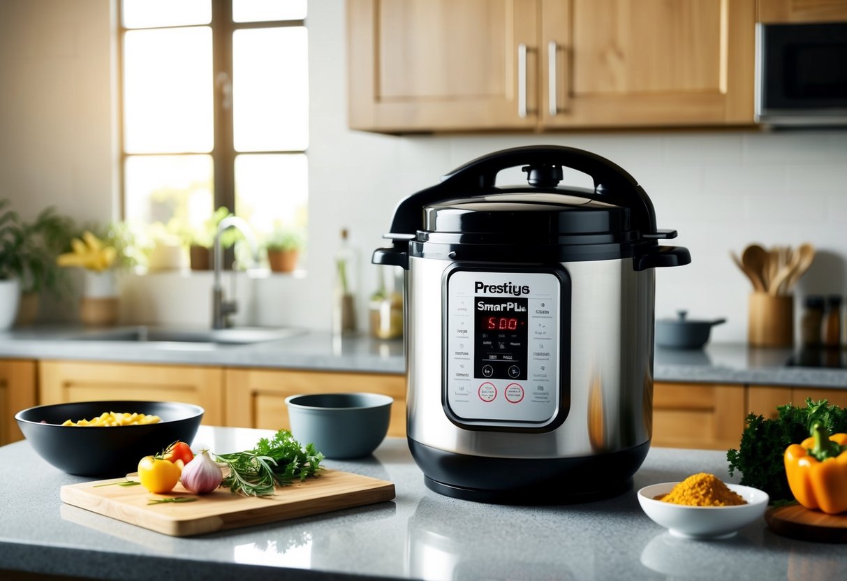 A kitchen scene with a Prestige Smartplus pressure cooker being showcased on a countertop, surrounded by various cooking ingredients and utensils