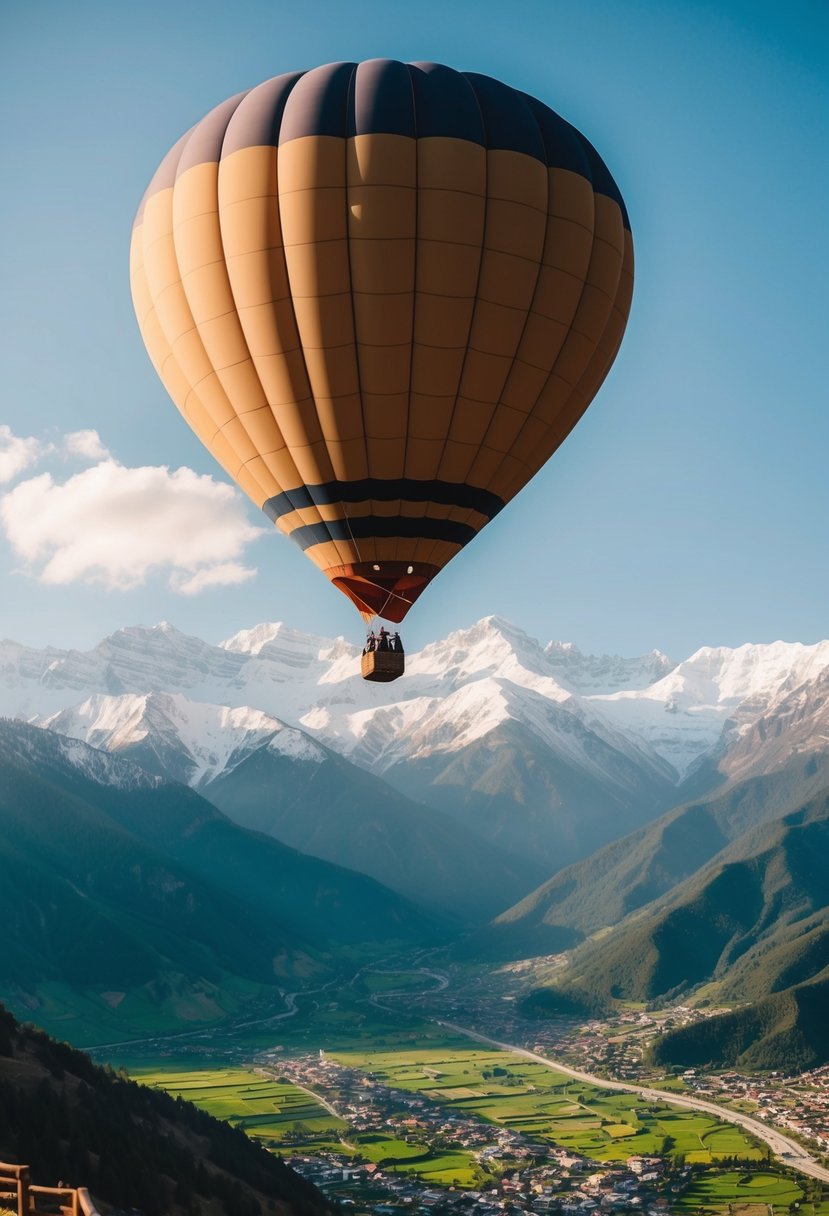 A hot air balloon floats over the picturesque landscape of Manali, with snow-capped mountains and lush green valleys below