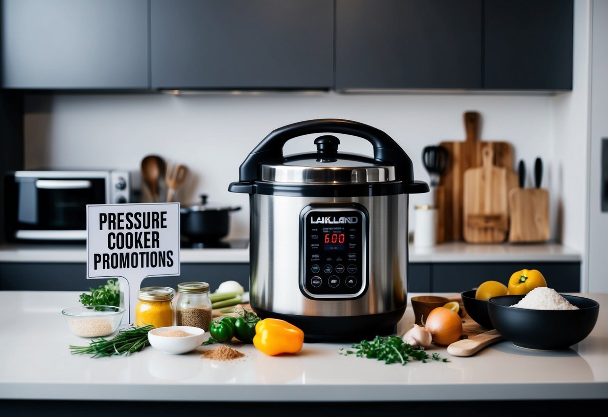 A modern kitchen with a sleek, stainless steel Lakeland Digital Pressure Cooker surrounded by various ingredients and utensils, with a prominent "pressure cooker promotions" sign displayed nearby