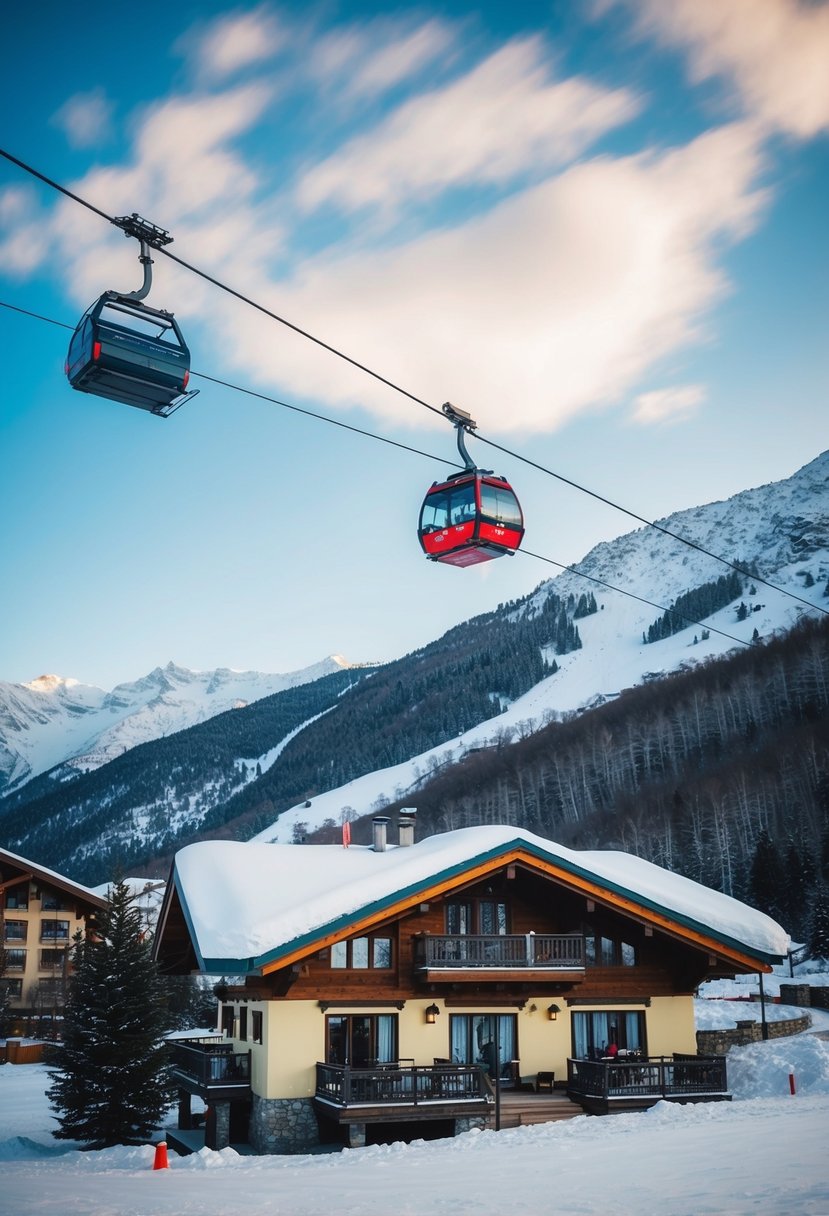 A cozy ski lodge nestled in the snowy mountains, with a cable car ascending to the Solang Ropeway and Ski Centre in Manali