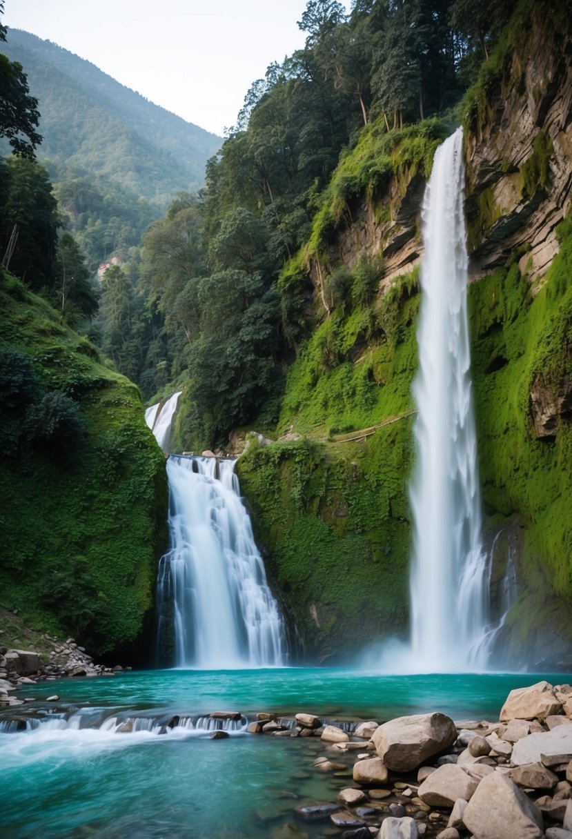 A serene waterfall cascading down lush green cliffs in the tranquil surroundings of Manali, perfect for honeymooners seeking a romantic getaway