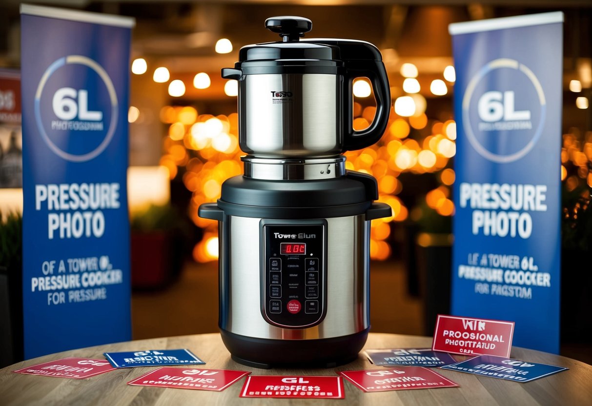 A Tower 6L Pressure Cooker surrounded by promotional banners and signs