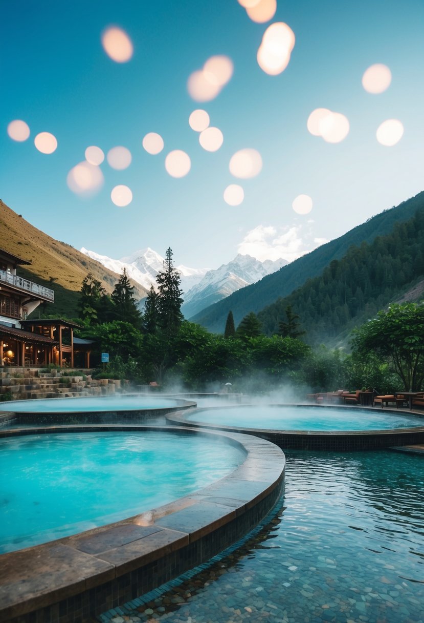 A serene mountain spa with hot springs and lush greenery, nestled in the Himalayas of Manali, offering the perfect honeymoon retreat