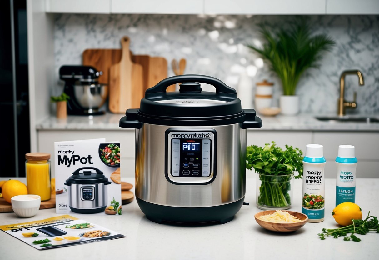 A kitchen countertop with a Morphy Richards MyPot pressure cooker surrounded by promotional materials and cooking ingredients