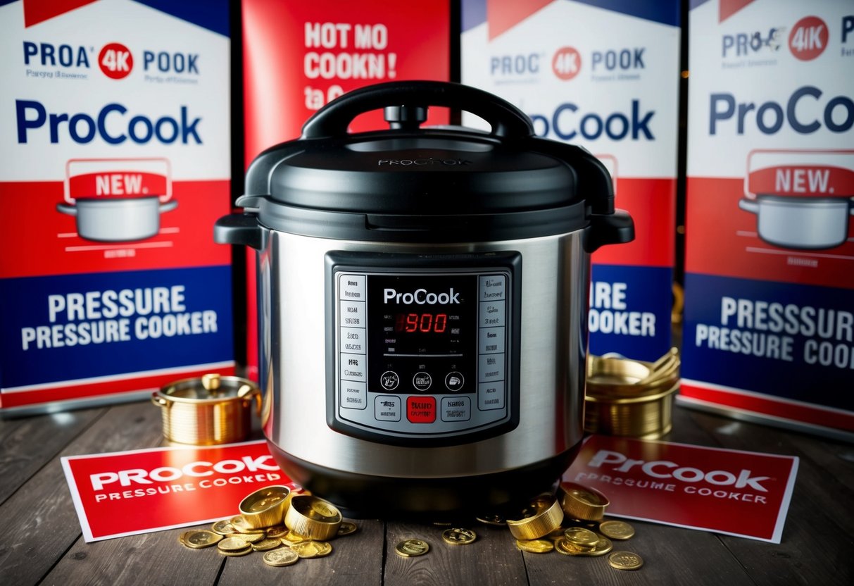 A ProCook Pressure Cooker surrounded by promotional banners and signs