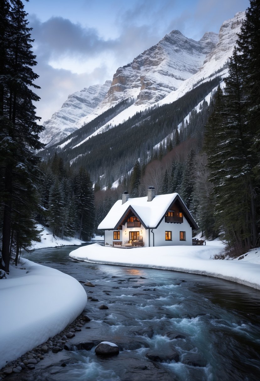 A cozy cottage nestled in the snow-covered mountains, with a winding river and lush pine trees, creating a serene and romantic atmosphere