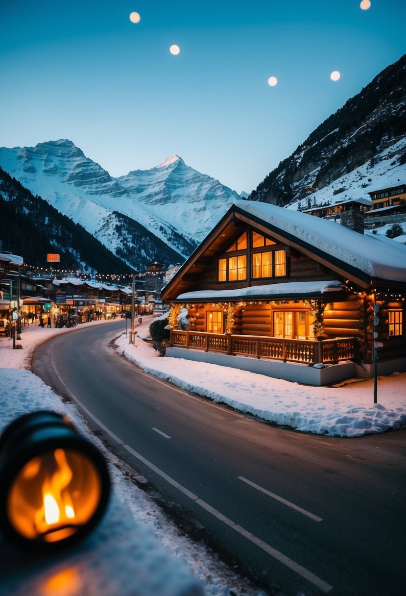 A cozy cabin nestled in the snowy mountains, with a warm fire and twinkling lights, overlooking a bustling Mall Road in Manali
