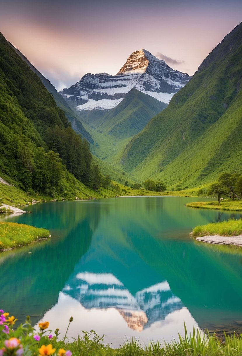 Lush green mountains surround a serene lake in the Great Himalayan National Park, with colorful flowers and wildlife adding to the picturesque scenery