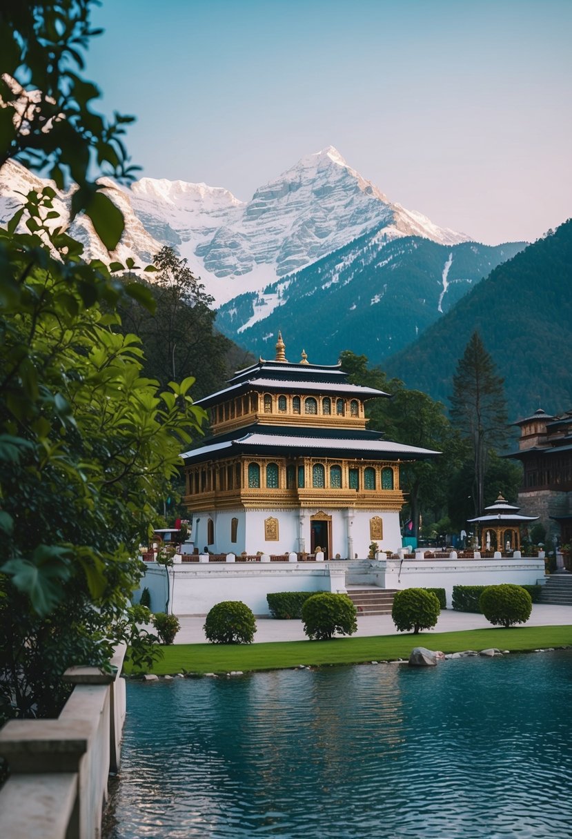 A serene scene at Manu Temple, with lush greenery and snow-capped mountains in the background, creating a perfect honeymoon destination in Manali
