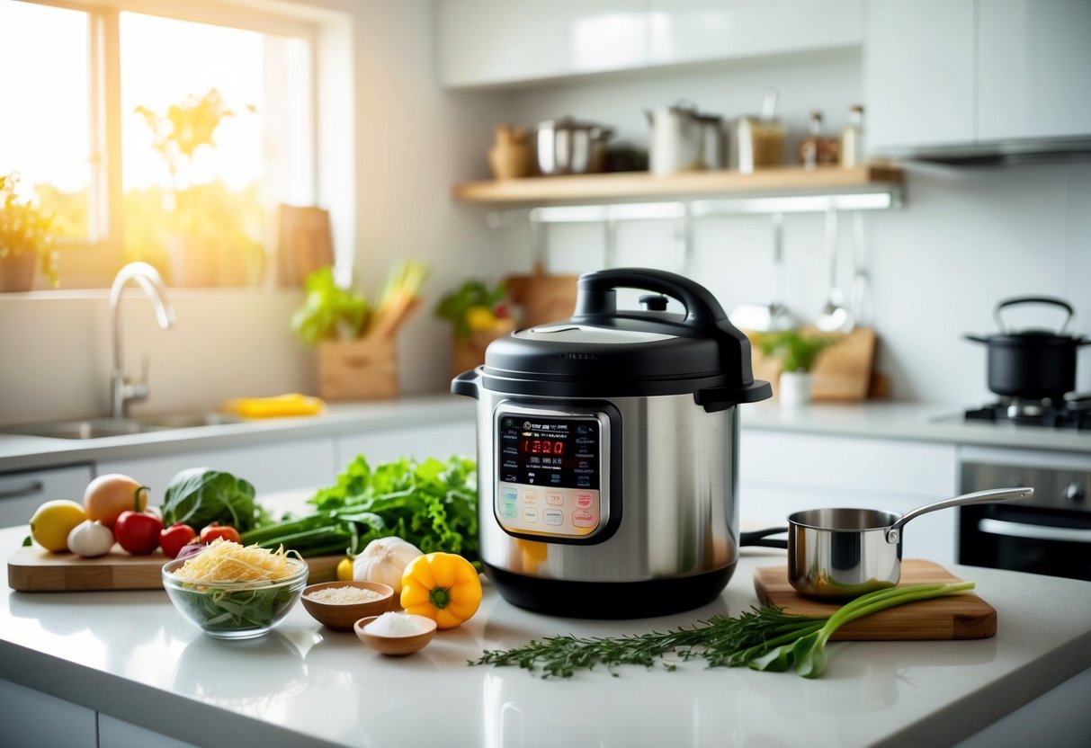 A bustling kitchen with a variety of fresh ingredients and a sleek, modern pressure cooker on the countertop. Bright, natural lighting illuminates the scene