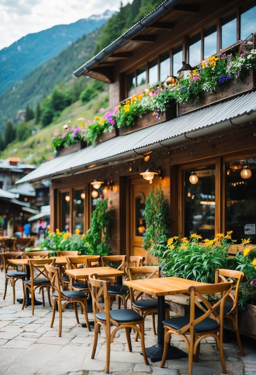 A cozy cafe nestled in the mountains of Manali, with charming wooden tables and chairs, surrounded by lush greenery and colorful flowers