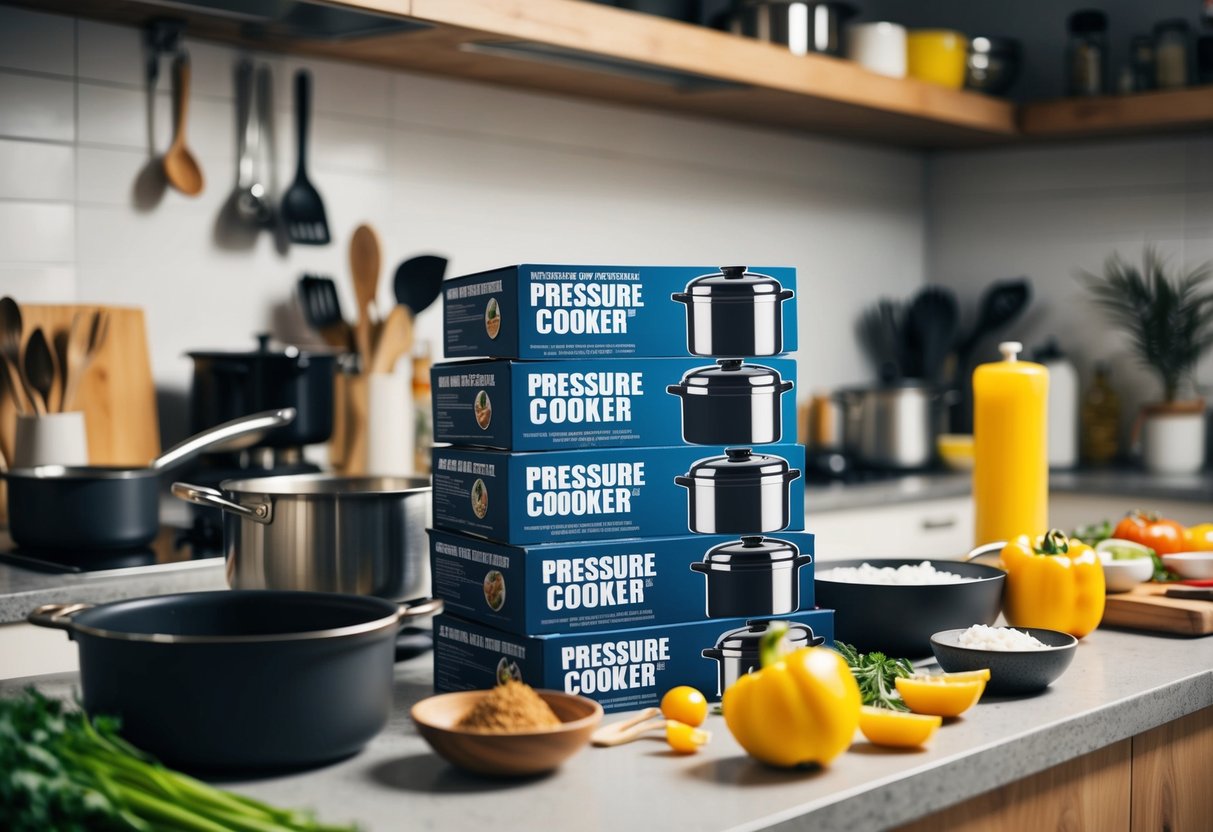 A busy kitchen counter with a stack of promotional flyers for pressure cookers, surrounded by various cooking utensils and ingredients