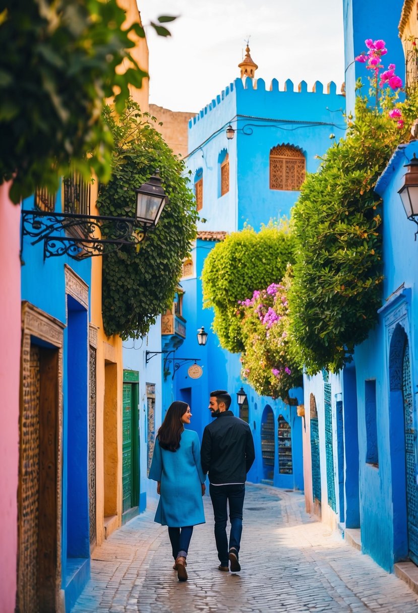 A couple strolls through the narrow, colorful streets of Chefchaouen, Morocco, surrounded by vibrant blue buildings and lush greenery