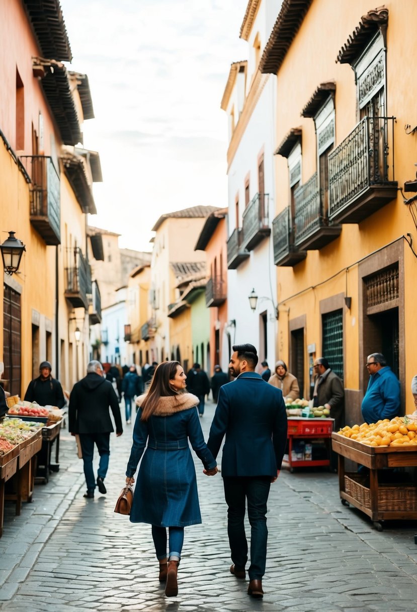 A couple strolling through the narrow, bustling streets of Fes, surrounded by colorful buildings and the sounds of local vendors