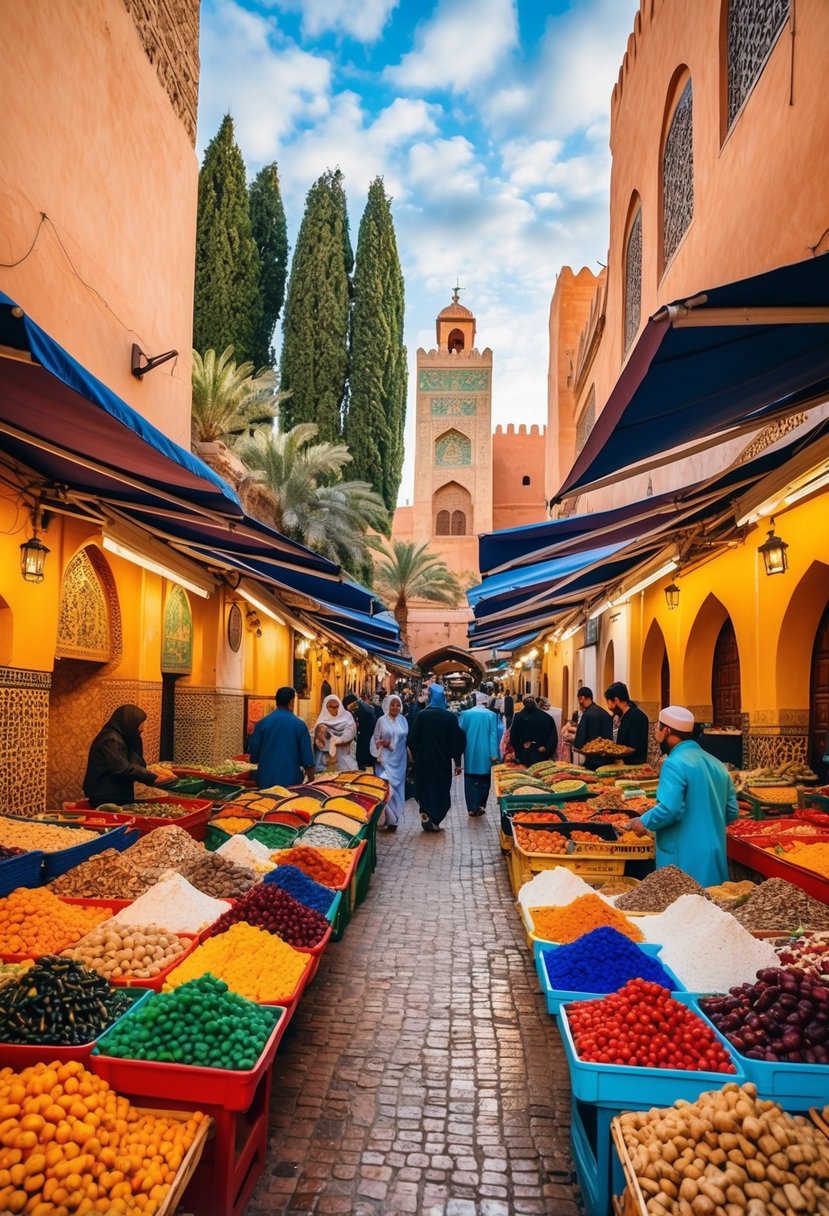 A bustling Marrakech market with colorful stalls and winding alleyways, surrounded by historic architecture and vibrant gardens