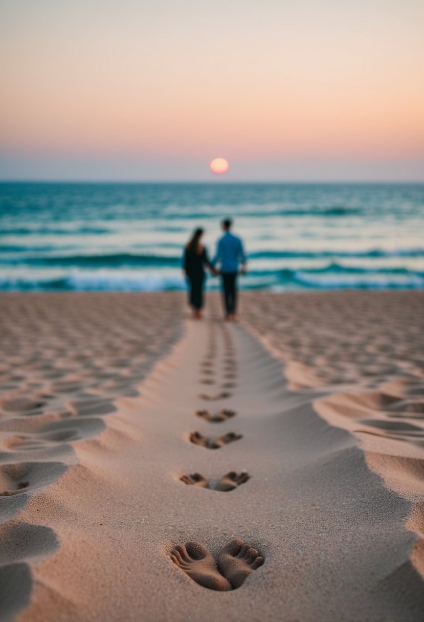 A serene beach at Essaouira, Morocco. A couple's footprints lead to a secluded spot with a view of the sunset over the Atlantic Ocean