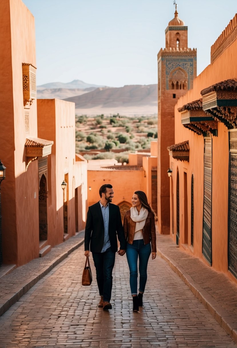 A couple strolling through the ancient streets of Ouarzazate, surrounded by traditional Moroccan architecture and the stunning desert landscape