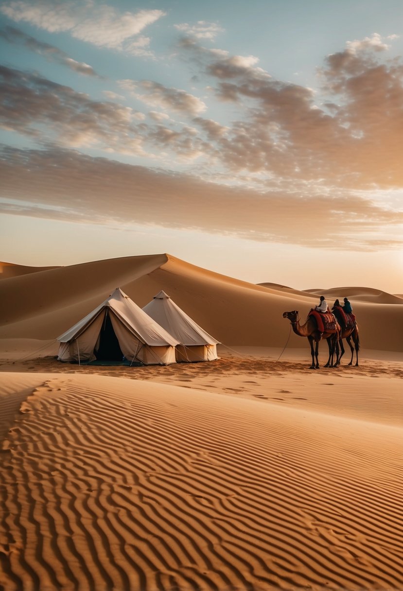 A couple of luxury tents nestled in the golden dunes of the Sahara Desert at sunset, with a camel caravan passing by
