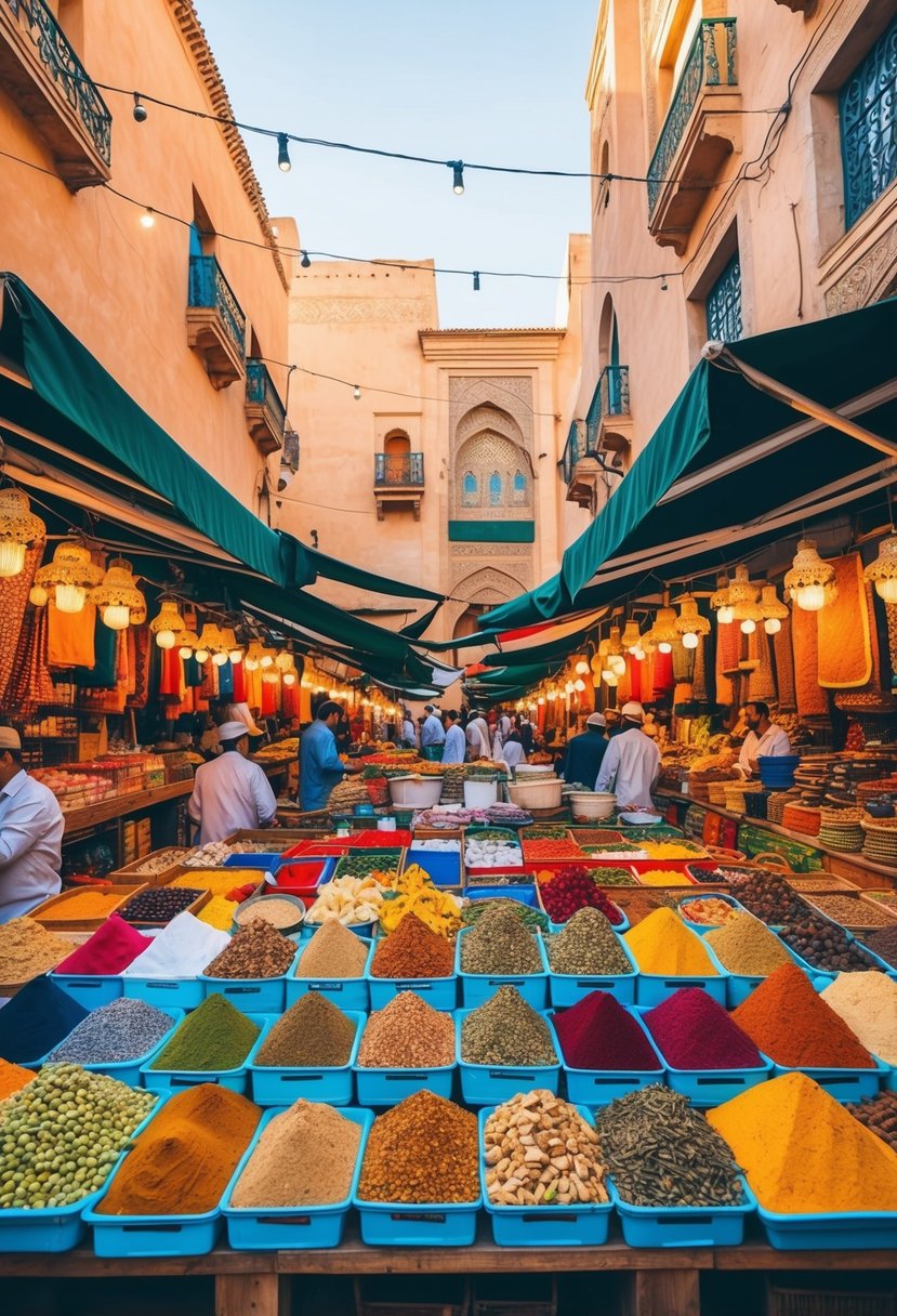 A vibrant marketplace in Casablanca, Morocco, filled with colorful textiles, spices, and traditional crafts. The bustling atmosphere and unique architecture make it a perfect honeymoon destination