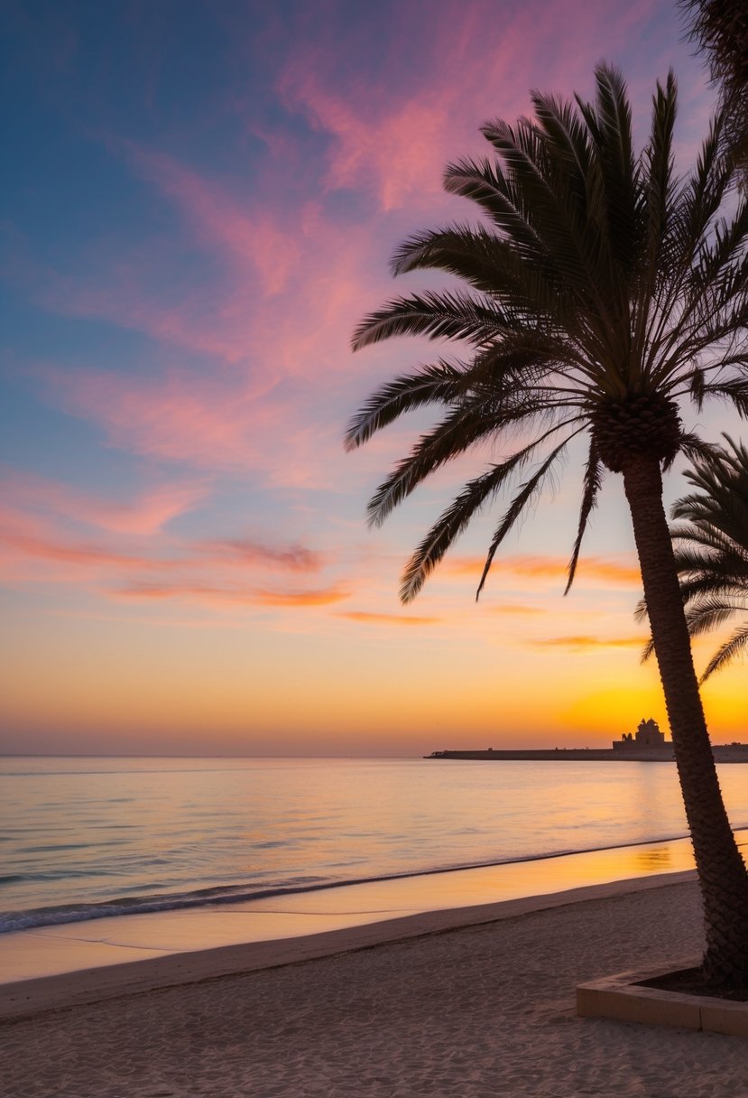 A serene beach at sunset with palm trees, a calm ocean, and a colorful sky in Rabat, Morocco