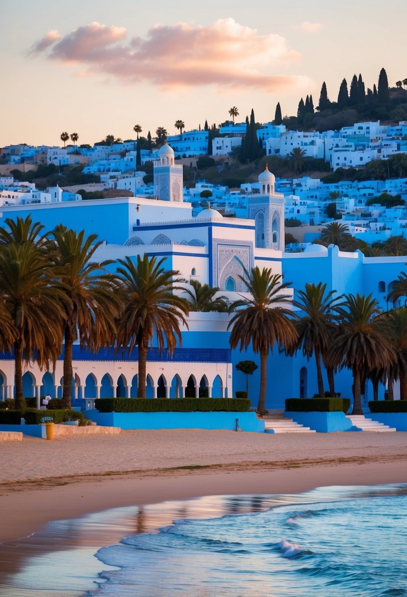 A serene beach at sunset with palm trees, a traditional Moroccan riad, and the city's iconic blue and white buildings nestled in the hills