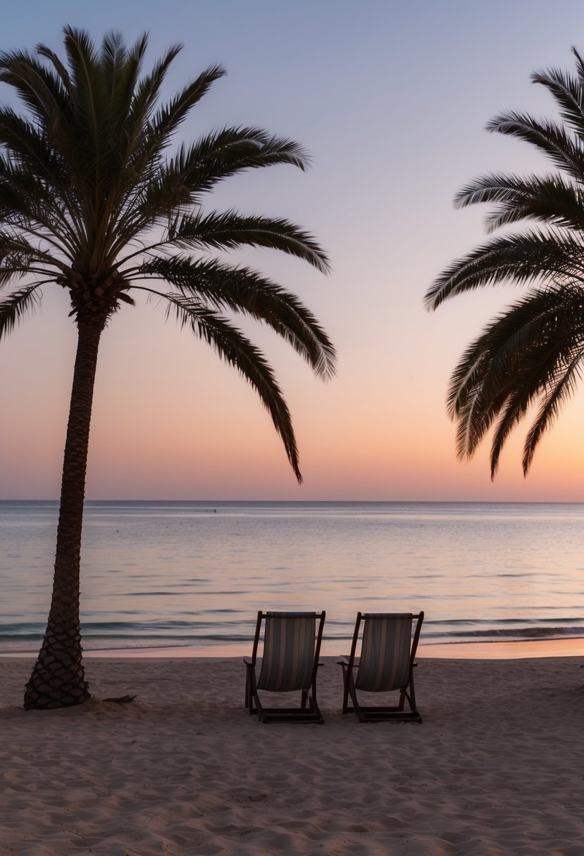 A serene beach at sunset in Dakhla, Morocco, with palm trees, calm waters, and a couple of beach chairs