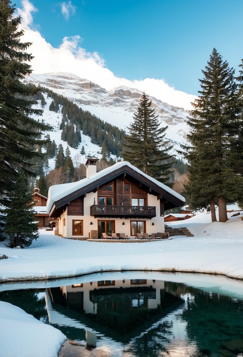 A cozy chalet nestled in snow-covered mountains, surrounded by pine trees and a serene lake, offering a perfect honeymoon getaway in Ifrane, Morocco