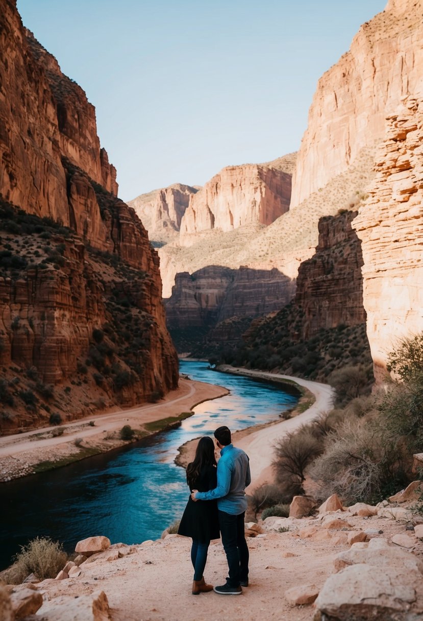 A couple admires the scenic Todra Gorge in Morocco, with towering cliffs and a winding river cutting through the rocky landscape