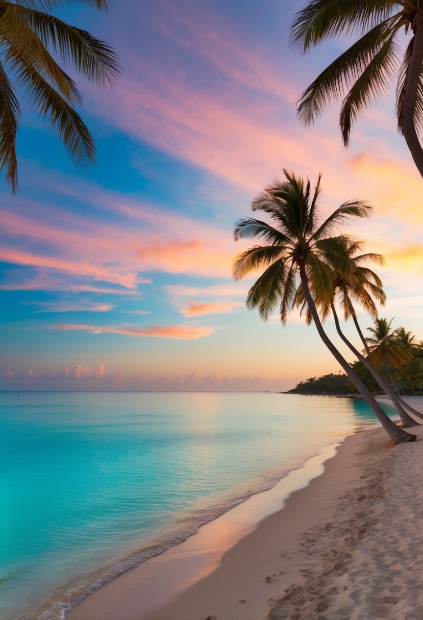 A peaceful beach at sunset, palm trees swaying in the warm breeze, clear turquoise water reflecting the colorful sky