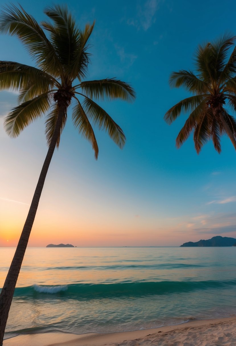 A serene beach at sunset, with palm trees and calm waves, overlooking the clear blue waters of Phuket, Thailand in November
