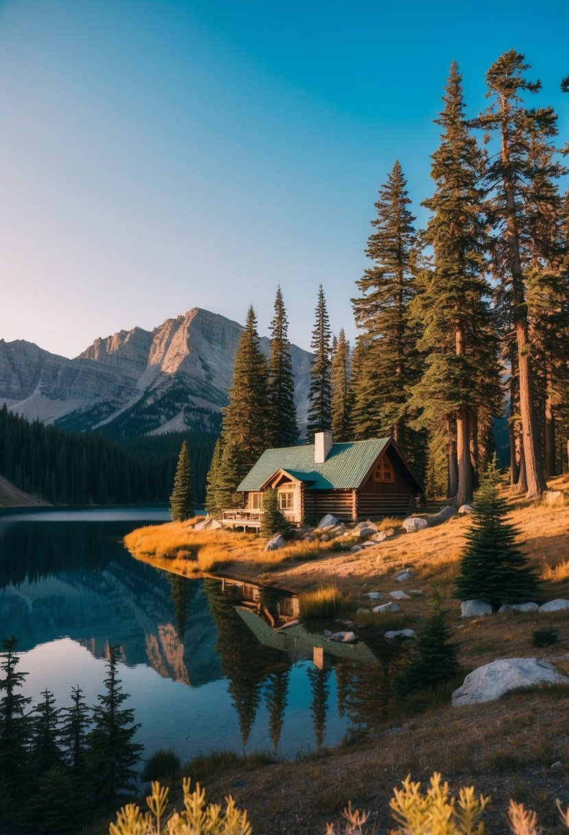 A cozy cabin nestled in the mountains, surrounded by tall pine trees and a serene lake, with a clear blue sky and a warm, golden sunset