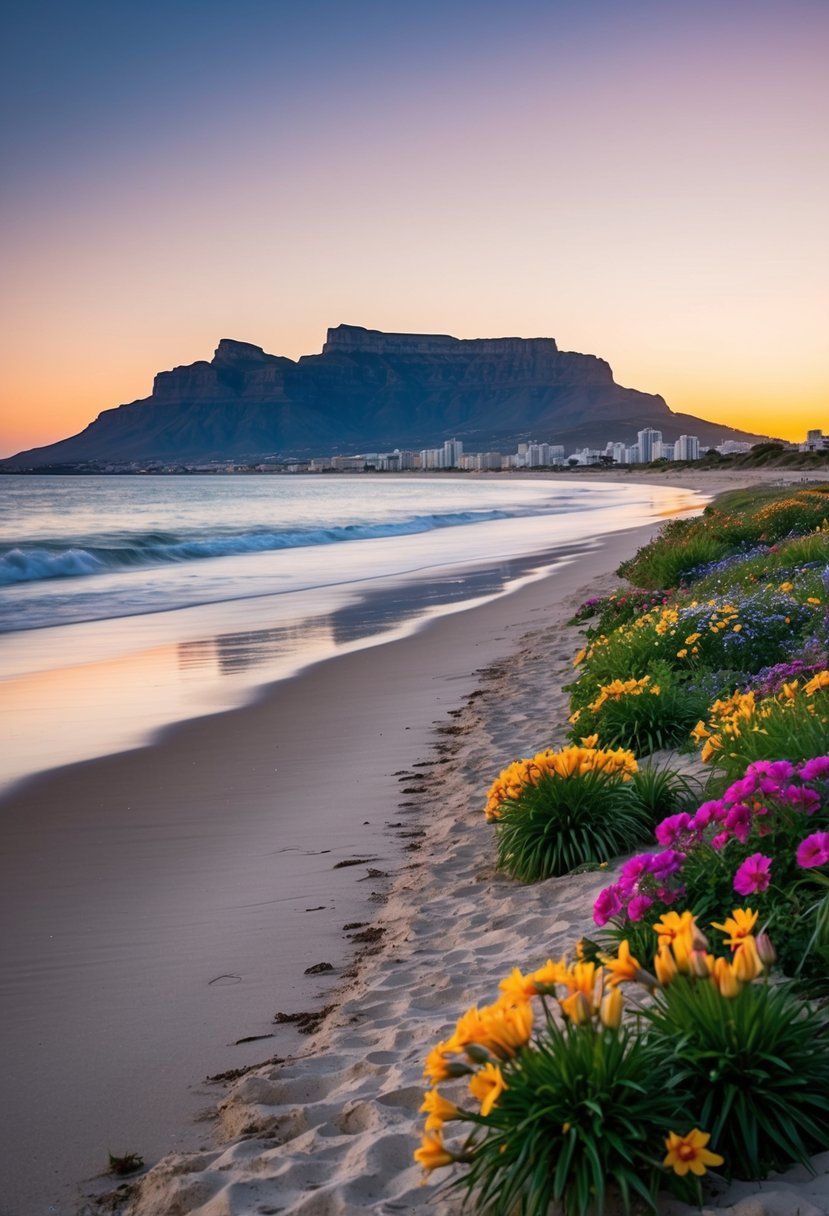 A serene beach at sunset, with Table Mountain in the background and colorful flowers in bloom along the shoreline