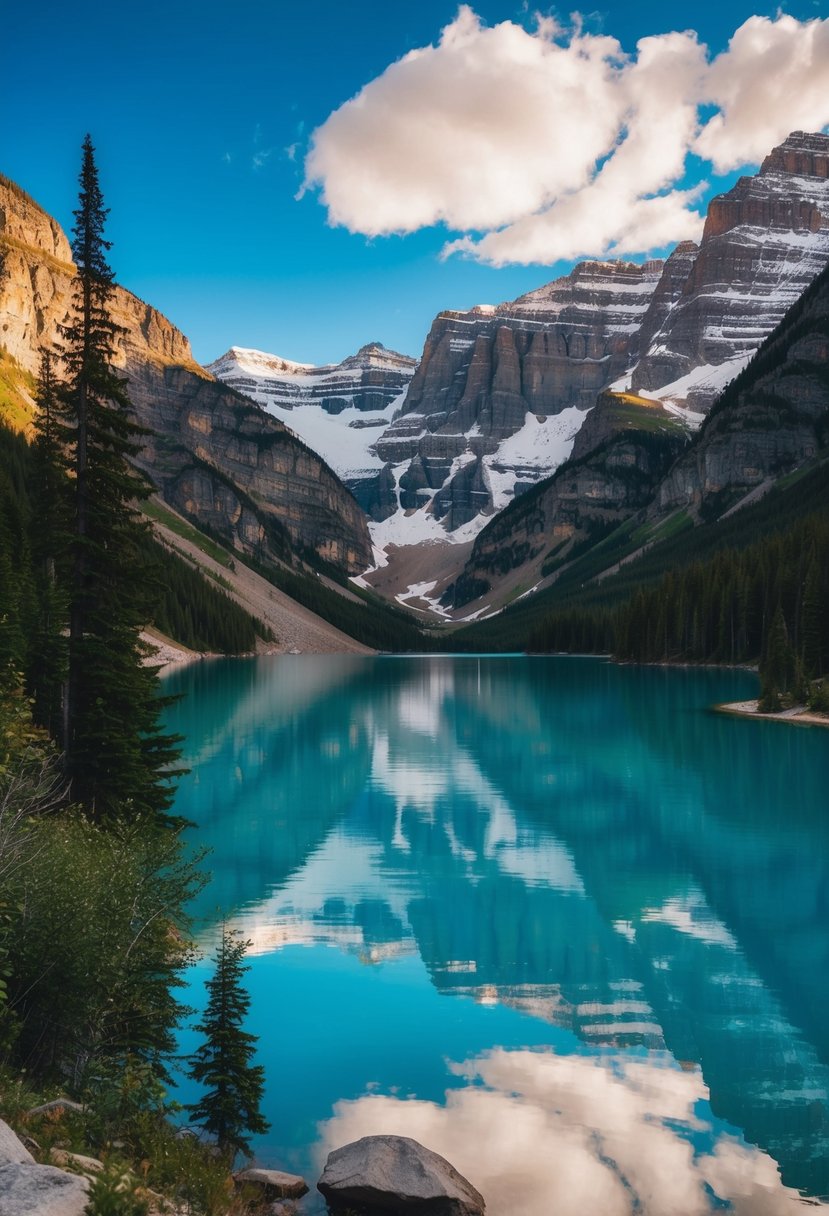 A serene mountain lake surrounded by snow-capped peaks and lush forests in Glacier National Park, Montana