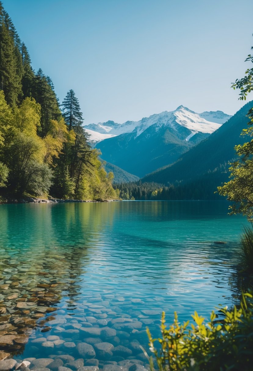 A serene lakeside view with crystal clear waters, surrounded by lush greenery and snow-capped mountains in the distance