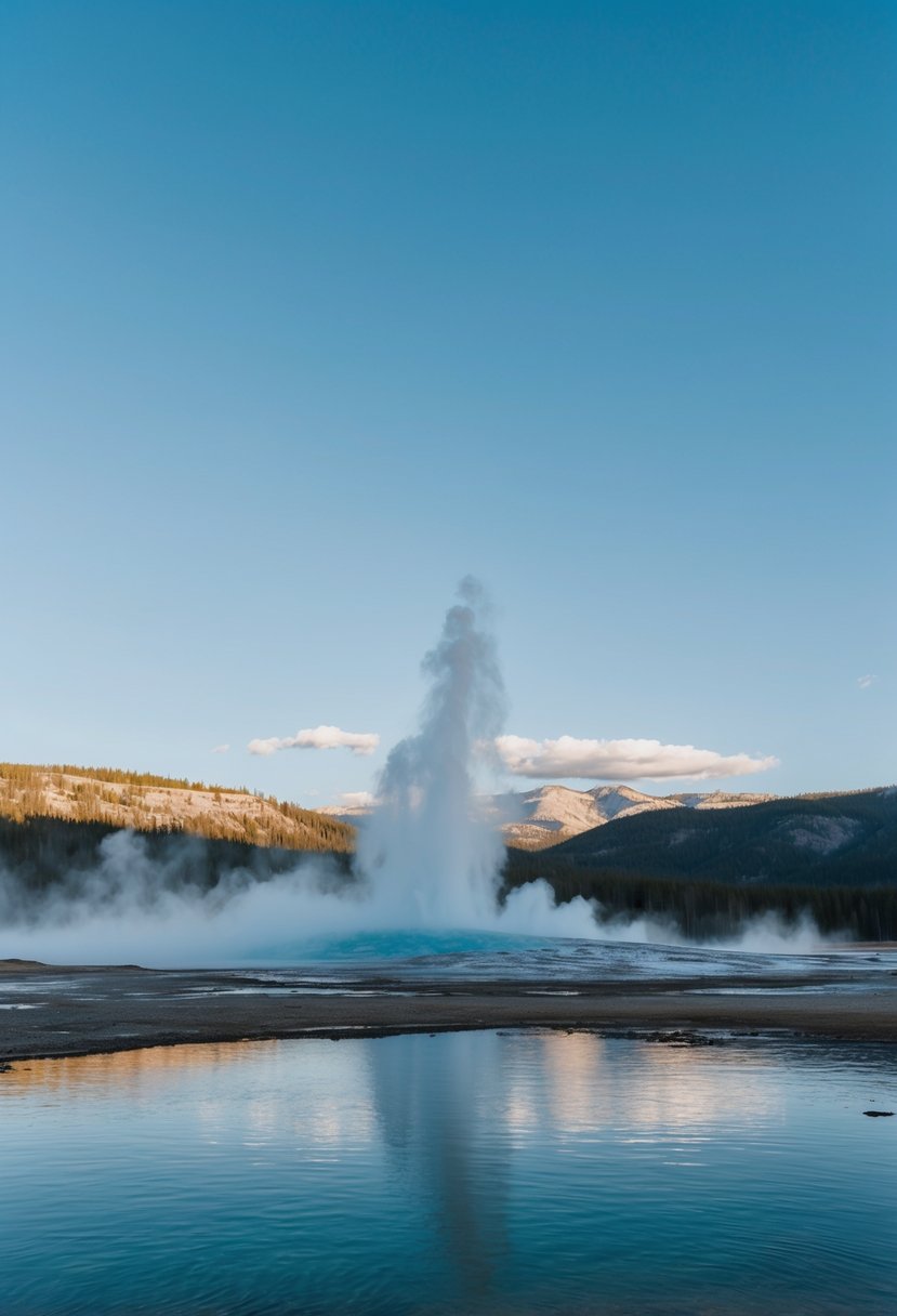 A serene view of Yellowstone's geysers and mountains under a clear blue sky