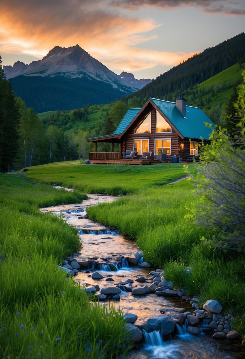 A cozy cabin nestled in the lush green mountains of Montana, surrounded by a tranquil stream and a breathtaking view of the sunset