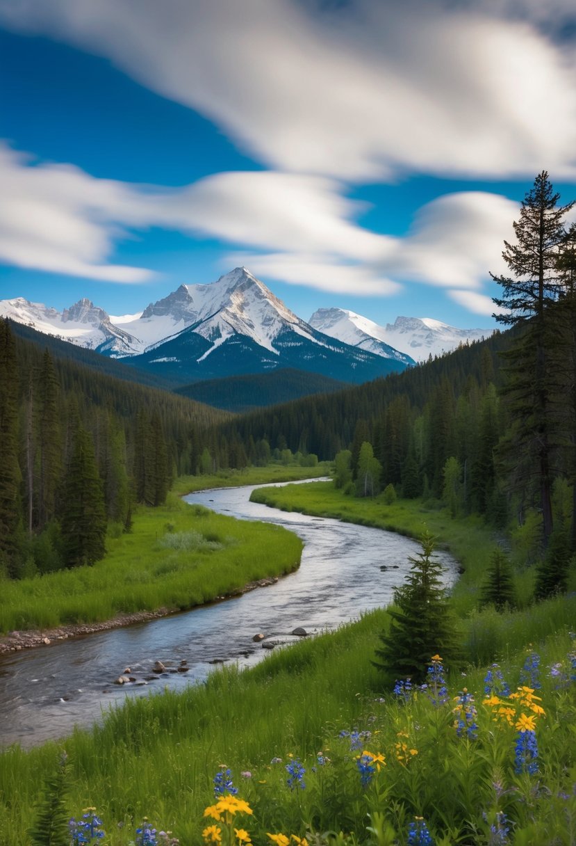 Lush forest with winding river, snow-capped mountains in the distance. Wildflowers and wildlife abound in the Bob Marshall Wilderness Area, Montana