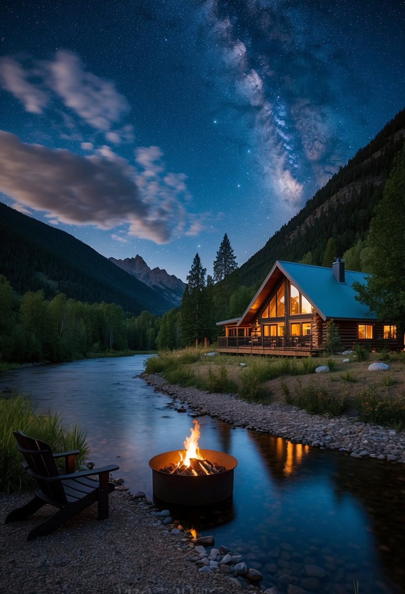 A cozy cabin nestled along the Bitterroot River, surrounded by mountains and lush forests, with a warm fire pit and a starry night sky