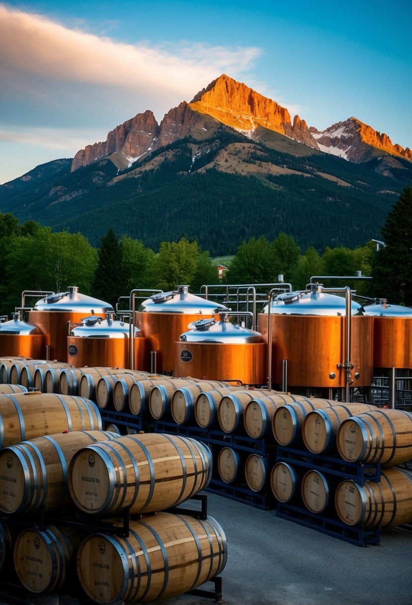 A picturesque brewery nestled in the scenic mountains of Missoula, Montana, with rows of wooden barrels and copper brewing tanks