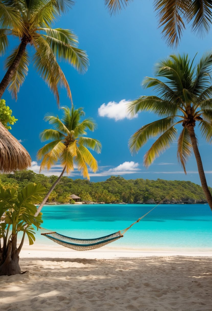 A tropical beach with palm trees and clear blue water, a hammock and a thatched hut on the shore