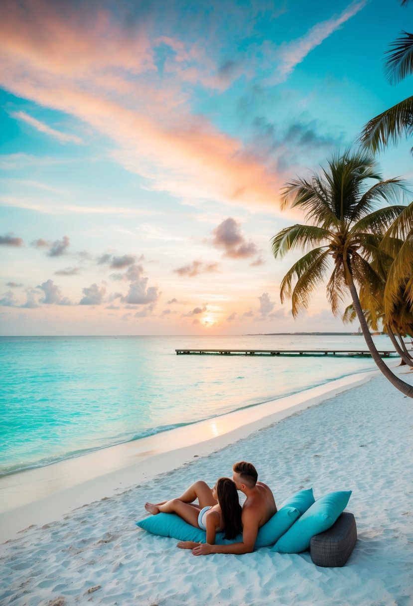 A couple lounges on a white sandy beach, turquoise waters stretch out to the horizon, palm trees sway in the gentle breeze, a colorful sunset paints the sky