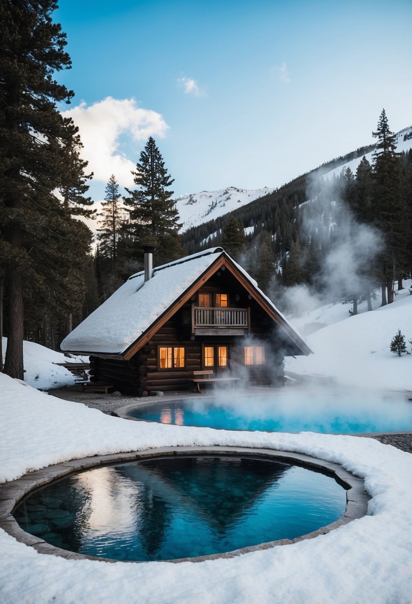 A cozy cabin nestled in the snowy mountains next to a steaming hot spring, surrounded by pine trees and a clear blue sky
