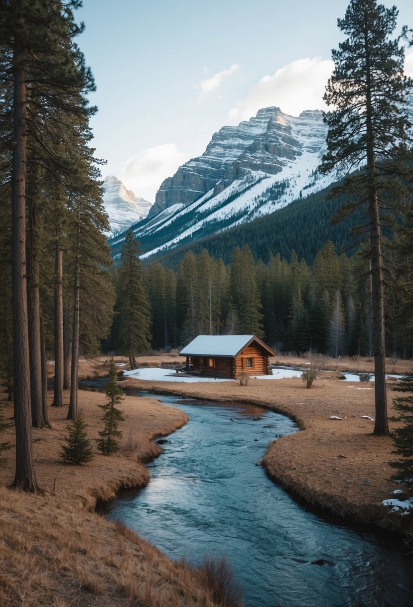 A tranquil forest clearing with a secluded cabin nestled among towering pine trees, surrounded by a serene river and snow-capped mountains