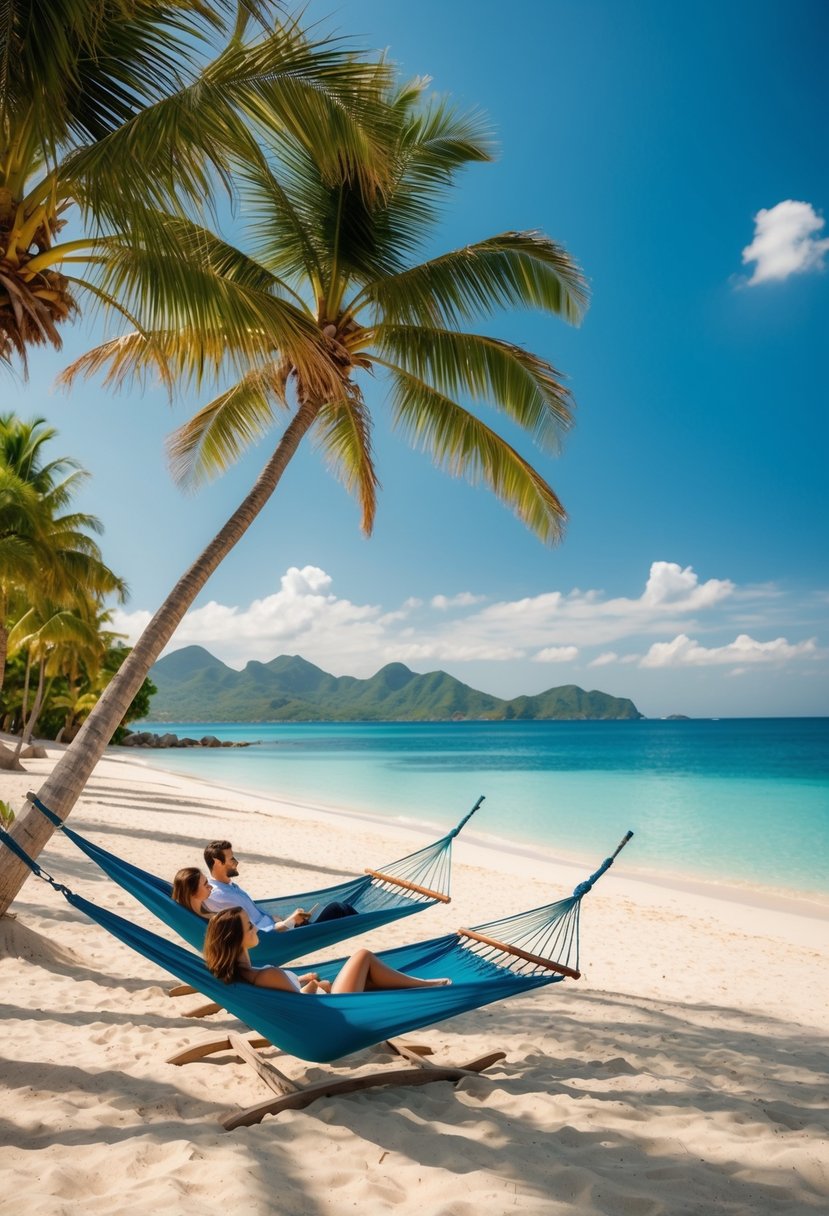 Tropical beach with palm trees, clear blue water, and a couple lounging in hammocks on the sandy shore