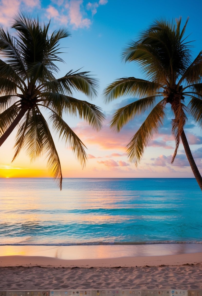 A tropical beach with palm trees, clear blue water, and a colorful sunset