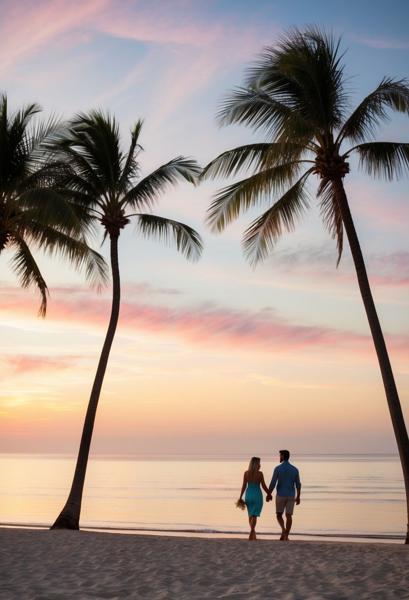 A serene beach at sunset, palm trees swaying in the gentle breeze, a colorful sky reflecting in the calm ocean, and a couple walking hand in hand along the shore