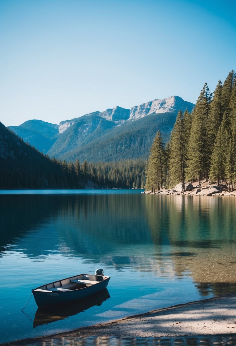 A serene lake surrounded by pine-covered mountains, with a clear blue sky and a small boat docked on the shore